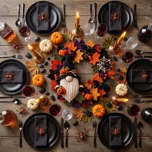May include: A table setting featuring a central crochet gnome wreath surrounded by orange and white pumpkins, black spider napkin rings, dark plates, wine glasses, and lit taper candles on a wooden surface with scattered autumn leaves and stones.