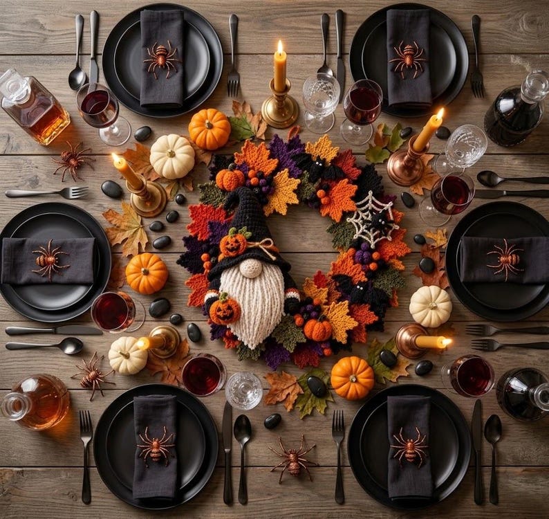 May include: A table setting featuring a central crochet gnome wreath surrounded by orange and white pumpkins, black spider napkin rings, dark plates, wine glasses, and lit taper candles on a wooden surface with scattered autumn leaves and stones.