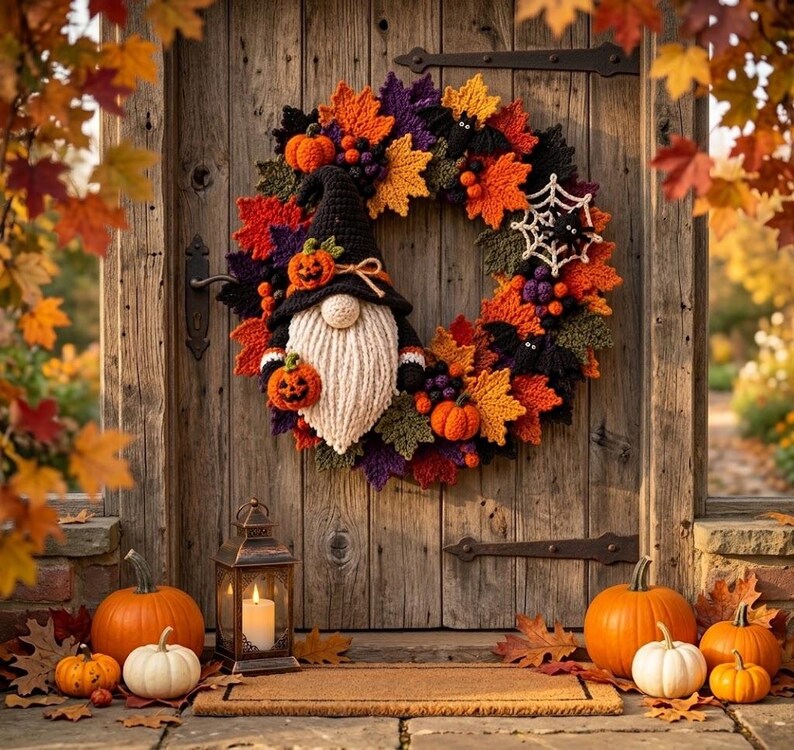 May include: A crochet Halloween wreath featuring a gnome with a black hat, a white beard, and orange pumpkins. The wreath is decorated with colorful autumn leaves, small black bats, and a white spiderweb. Several orange and white pumpkins sit below.
