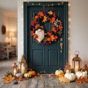 May include: A dark teal door features a crochet wreath adorned with autumn leaves, small pumpkins, a spiderweb, and a gnome with a black hat. The entryway is decorated with metal lanterns containing lit candles and various pumpkins on the floor.