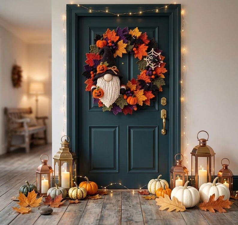 May include: A dark teal door features a crochet wreath adorned with autumn leaves, small pumpkins, a spiderweb, and a gnome with a black hat. The entryway is decorated with metal lanterns containing lit candles and various pumpkins on the floor.