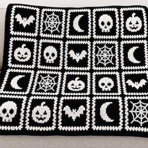 May include: A black and white crocheted blanket featuring a grid of twenty square panels. Each panel displays a repeating motif of a bat, spider web, crescent moon, skull, or jack-o'-lantern, all rendered in white yarn against a black background.