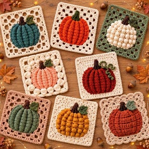 Puede incluir: Ocho posavasos cuadrados de ganchillo con varios diseños de calabazas en colores como verde azulado, naranja, blanco, melocotón, rojo, verde, amarillo y óxido, cada uno centrado en una base cuadrada decorativa con patrones de puntos.