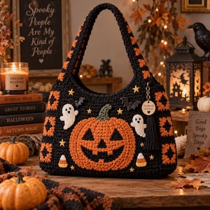 May include: A black and orange crochet handbag featuring a large jack-o'-lantern motif, white ghosts, small yellow stars, and candy corn accents. The bag has a single handle and a round wooden tag that reads Handmade with Love with a black tassel.