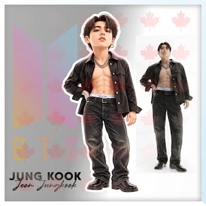 May include: A stylized illustration of Jeon Jungkook wearing an unbuttoned black leather shirt, dark denim jeans with a belt, and a silver chain necklace. The text reads BTS, JUNG KOOK, and Jeon Jungkook, accompanied by maple leaf patterns.