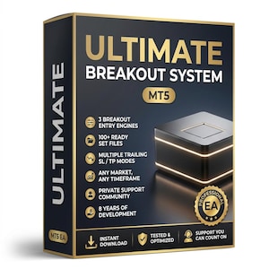 May include: A black rectangular software box for the Ultimate Breakout System MT5. The front features gold text, a graphic of a glowing black cube, and a list of features including 3 breakout entry engines, 100+ ready set files, and 8 years of development.
