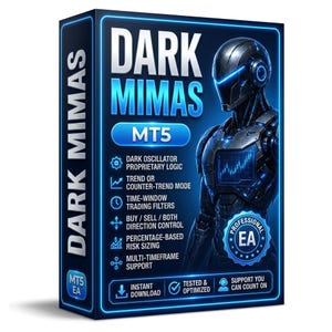 Può includere: Una scatola di prodotto rettangolare per il software Dark Mimas MT5 con sfondo blu scuro e contorni blu neon. La scatola mostra una figura robotica, il testo Dark Mimas MT5 e un elenco di funzionalità tra cui logica proprietaria e gestione del rischio.