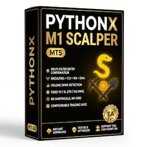 Puede incluir: Una caja de software rectangular negra etiquetada como PYTHONX M1 SCALPER MT5 con texto y gráficos dorados. Presenta un icono de serpiente amarilla, un pico, una pala y una lista de características técnicas de trading y especificaciones.
