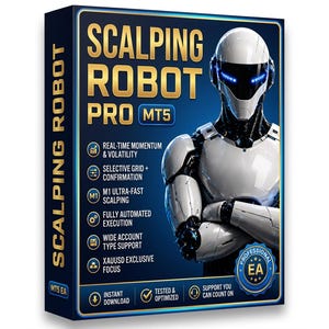 Pode incluir: Uma caixa de software retangular para Scalping Robot Pro MT5 com uma figura robótica branca e preta com olhos azuis brilhantes. A embalagem azul escura exibe texto dourado, ícones de recursos e um emblema EA profissional.