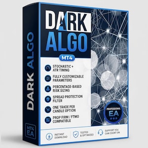 Può includere: Una scatola software rettangolare per Dark Algo MT4 con uno schema di colori blu scuro e bianco. La parte anteriore mostra il testo Dark Algo, un elenco di funzionalità tra cui il timing stocastico e ATR, e un badge EA professionale con tre stelle.