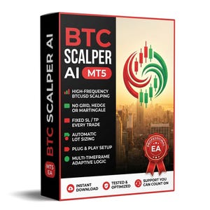 May include: A rectangular software box for BTC Scalper AI MT5 featuring a black and white cityscape background. The text reads BTC Scalper AI MT5, High-Frequency BTCUSD Scalping, No Grid, Hedge or Martingale, Fixed SL/TP, and Automatic Lot Sizing.
