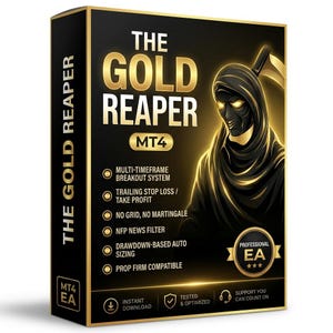Könnte beinhalten: Eine schwarze rechteckige Box mit Goldrand und der Aufschrift THE GOLD REAPER MT4. Das Design zeigt eine Kapuzenfigur mit leuchtenden Augen sowie eine Liste von Funktionen: Multi-Timeframe-Breakout-System, Trailing Stop Loss, Take Profit, kein Grid, keine Martingale, NFP-News-Filter, Drawdown-basierte automatische Positionsgrößenbestimmung und Kompatibilität mit Prop-Firmen.