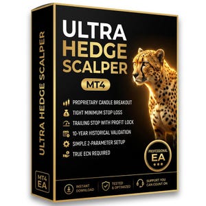 May include: A black rectangular box with gold trim featuring the text ULTRA HEDGE SCALPER MT4 and an image of a cheetah. The box lists features including proprietary candle breakout, tight minimum stop loss, and 10-year historical validation.