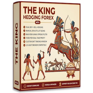 May include: A rectangular software box labeled THE KING HEDGING FOREX MT4. The front features an illustration of an Egyptian chariot with a horse and archer, two figures with tools, and two dogs. Text lists features like dual buy and sell hedging.