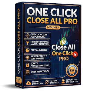 Op de afbeelding: Een donkerblauwe softwaredoos voor One Click Close All Pro MT4/MT5. De voorkant bevat witte en oranje tekst met functies zoals sluiten met één klik, symboolfilters, gedeeltelijk sluiten, mandwinstdoelen, vermogensbescherming en dagelijkse resultaatvergrendeling.