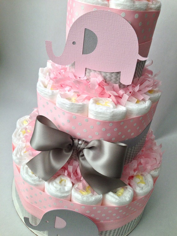 pink and gray diaper cake
