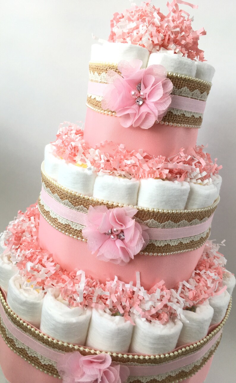 Burlap And Lace Pink Diaper Cake For Baby Girl Baby Shower Centerpiece New Baby Gift Shabby Chic Baby Shower Rustic Baby Shower - 