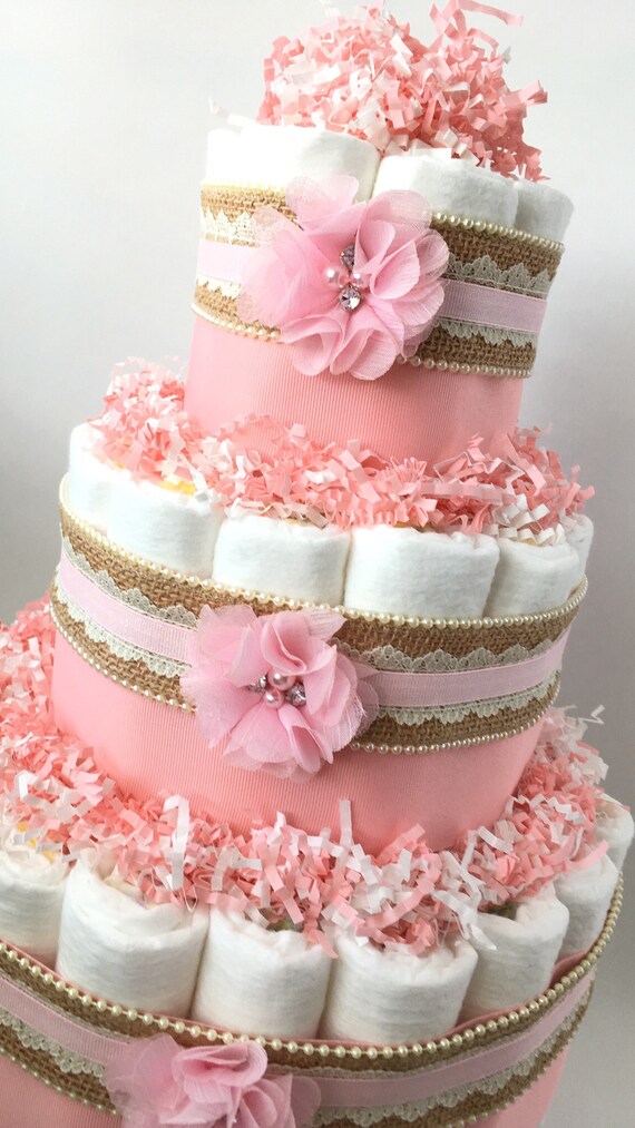 Burlap And Lace Pink Diaper Cake For Baby Girl Baby Shower Etsy