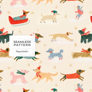 May include: A seamless pattern on a cream background featuring illustrated dogs in winter attire, including jumpers, scarves, and hats. The dogs are depicted ice skating, sledding, and running, interspersed with small gold star icons and text.