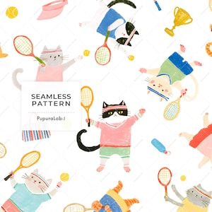 May include: A seamless pattern featuring illustrated cats playing tennis, wearing headbands and athletic clothing. The design includes tennis rackets, yellow balls, and gold trophies on a white background with the text SEAMLESS PATTERN PupuraLab:)