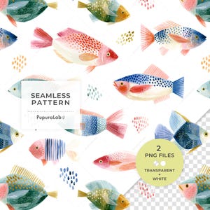 May include: A seamless pattern featuring watercolour-style fish in shades of pink, blue, green, and yellow on a white background. The design includes text that reads SEAMLESS PATTERN PupuraLab:) and a circular badge stating 2 PNG FILES.