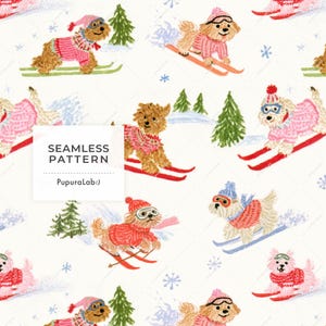 Puede incluir: Un patrón continuo con ilustraciones de perros con jerséis de punto, gorros y gafas de esquí mientras esquían. El diseño incluye pinos verdes y copos de nieve azules sobre un fondo blanco con el texto SEAMLESS PATTERN PupuraLab:)