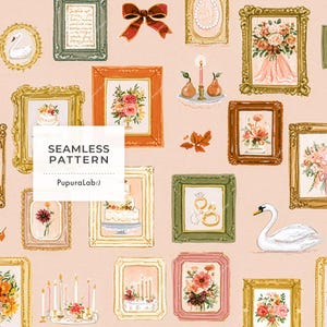 May include: A seamless pattern on a light pink background featuring various ornate picture frames containing illustrations of flowers, cakes, swans, candles, and jewelry, with the text SEAMLESS PATTERN PupuraLab:) overlaid in the center.