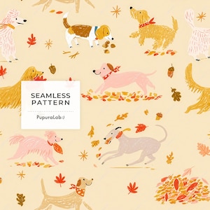 Puede incluir: Un patrón sin costuras sobre un fondo beige claro que muestra varios perros ilustrados en movimiento, con pañuelos, rodeados de hojas de otoño, bellotas y estrellas. Un cuadrado blanco muestra el texto SEAMLESS PATTERN PupuraLab:)