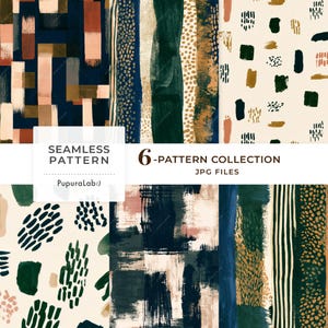 Pode incluir: Uma coleção de seis padrões digitais sem costura com pinceladas abstratas, listras verticais e texturas pontilhadas em uma paleta de cores azul marinho, verde floresta, creme e terracota suave. A imagem inclui o texto SEAMLESS PATTERN 6-PATTERN COLLECTION JPG FILES PupuraLab:).