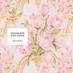 May include: A seamless pattern featuring oil-painted pink tulips and gold ornate scrollwork on a pale pink background. A white square overlay in the center displays the black text SEAMLESS PATTERN and the brand name PupuraLab:).