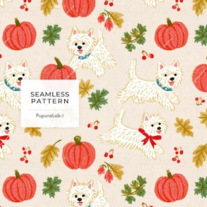 Puede incluir: Un patrón continuo con perros Westie blancos, calabazas naranjas, hojas verdes y bayas rojas sobre un fondo beige claro. El texto SEAMLESS PATTERN y PupuraLab:) aparece impreso en negro sobre un recuadro rectangular de color blanco.