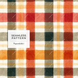 Può includere: Un motivo senza cuciture caratterizzato da un design a quadri acquerellato con strisce orizzontali e verticali che si intersecano in tonalità arancione, rosso, verde scuro e crema. Un quadrato bianco mostra il testo SEAMLESS PATTERN e PupuraLab:).