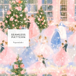 May include: A seamless pattern featuring an oil painting style illustration of couples dancing in formal attire amidst decorated Christmas trees. The scene includes figures in pink and blue gowns and dark suits, with text reading SEAMLESS PATTERN PupuraLab:)