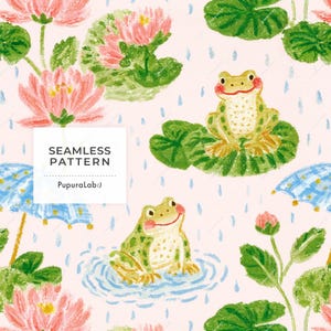 May include: A seamless pattern featuring green frogs, pink lotus flowers, and blue umbrellas on a light pink background with blue raindrops. A white square overlay displays the text SEAMLESS PATTERN and PupuraLab:). The art style resembles crayon.