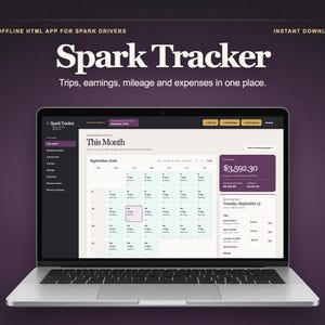 Peut inclure: Un ordinateur portable affichant l'interface de l'application HTML hors ligne Spark Tracker. L'écran présente un tableau de bord avec un calendrier de septembre 2026, des gains de 3 592,30 $ et des menus pour les trajets et dépenses.