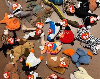 May include: A collection of various plush animal keychains, each featuring a red heart-shaped Ty tag. The assortment includes a gray cat, iridescent seahorse, blue chameleon, leopard, white cat, orange fish, crab, snake, ladybug, zebra, penguin, monkey, and dog.