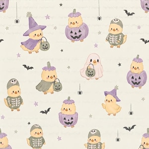 May include: A repeating pattern on a cream background featuring yellow chicks dressed in Halloween costumes, including purple witch hats, skeleton outfits, and ghost sheets, alongside purple jack-o'-lanterns, black bats, spiders, and stars.
