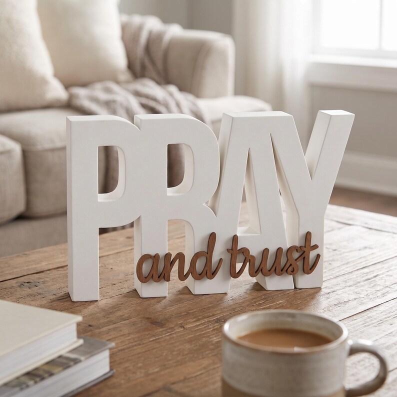 Interlocking PRAY and Trust Christian Sign, Modern Faith Shelf Decor ...