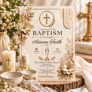 May include: A rectangular baptism invitation card featuring gold embossed floral accents, a central cross in a circle, and text detailing the event for Ariana Faith on June 15, 2025, at St. Michael Catholic Church in San Diego, California.