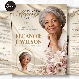 以下が含まれることがあります： グレーの髪の高齢者のポートレート、金色の文字「In Loving Memory Of Eleanor J. Wilson, March 12, 1948 – August 20, 2026」、クリーム色の背景に白とダスティピンクのバラのフラワーアレンジメントが描かれた葬儀プログラムのテンプレート。