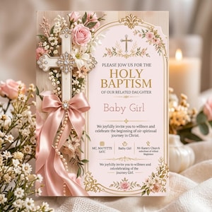 May include: A rectangular invitation card for a holy baptism featuring a white cross adorned with crystals, a pink satin bow, and pearl strands. The card displays floral accents, gold filigree borders, and text including "HOLY BAPTISM" and "Baby Girl".