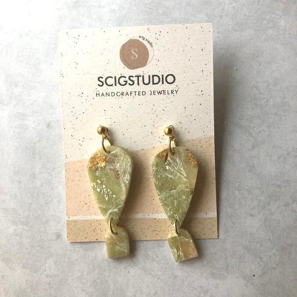 Teardrop Earrings | Green and Gold | Polymer Clay Jewelry