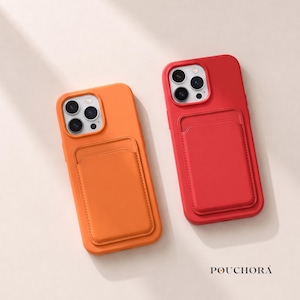 May include: Two smartphone cases with integrated card holders on the back. One case is bright orange and the other is red. Both feature a triple camera cutout in the top left corner and the brand name POUCHORA printed in the bottom right corner.