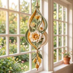 May include: A decorative hanging ornament featuring intricate crochet work in shades of cream, yellow, and sage green. The design includes a central layered flower, smaller buds, and leaves, all suspended by a cord with wooden beads at the top and bottom.