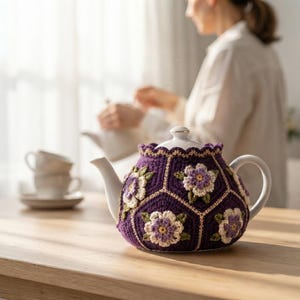 Op de afbeelding: Een witte keramische theepot omhuld door een donkerpaarse gehaakte theemuts met een zeshoekig patroon en crèmekleurige en lavendelkleurige bloemmotieven. De theemuts heeft een geschulpte bovenrand en groene bladaccenten rond de theepot.