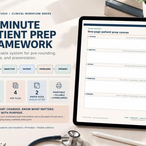Peut inclure: Une tablette numérique affiche une fiche de préparation patient de 15 minutes avec des sections pour les changements, l'objectif, le patient, les problèmes et la présentation. L'écran indique 44 champs remplissables et 2 formats A4 et US.