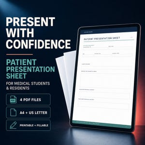 Peut inclure: Une tablette numérique affichant un modèle de fiche de présentation patient avec des champs pour le résumé, la plainte principale et les antécédents. Le texte inclut Present With Confidence, Patient Presentation Sheet, 4 PDF Files.
