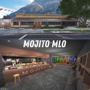May include: A digital rendering of the Mojito Inn building exterior with a tan facade and a red roof, paired with an interior view of a bar featuring a wooden counter labelled Mojito, wooden stools, a stage area, and rows of seating along the wall.