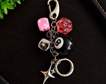 Boho Dice Billiard Ball Keychain, Resin Star Pendant, Gamer Gift