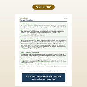 May include: A white document titled Applied Practice Worked Examples featuring three medical case studies. The text details patient visits, MDM scoring, and CPT codes. A brown header reads Sample Page and a dark blue footer reads Full worked case studies.